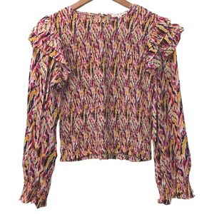 THML Pink Orange Multi Color Smocked Ruffle Shoulder Blouse WCT1613-1-FA XS